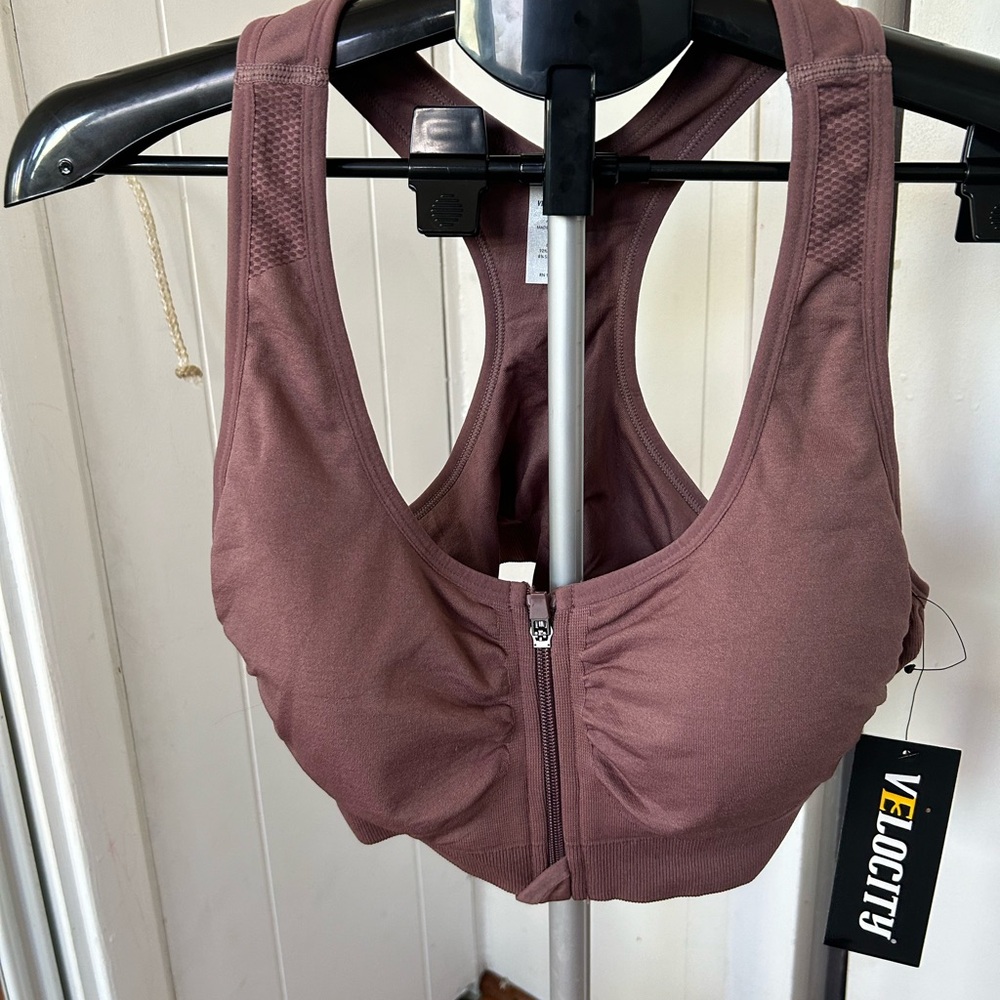 Velocity Women's Zipper Front Sports Bra in Rose Taupe